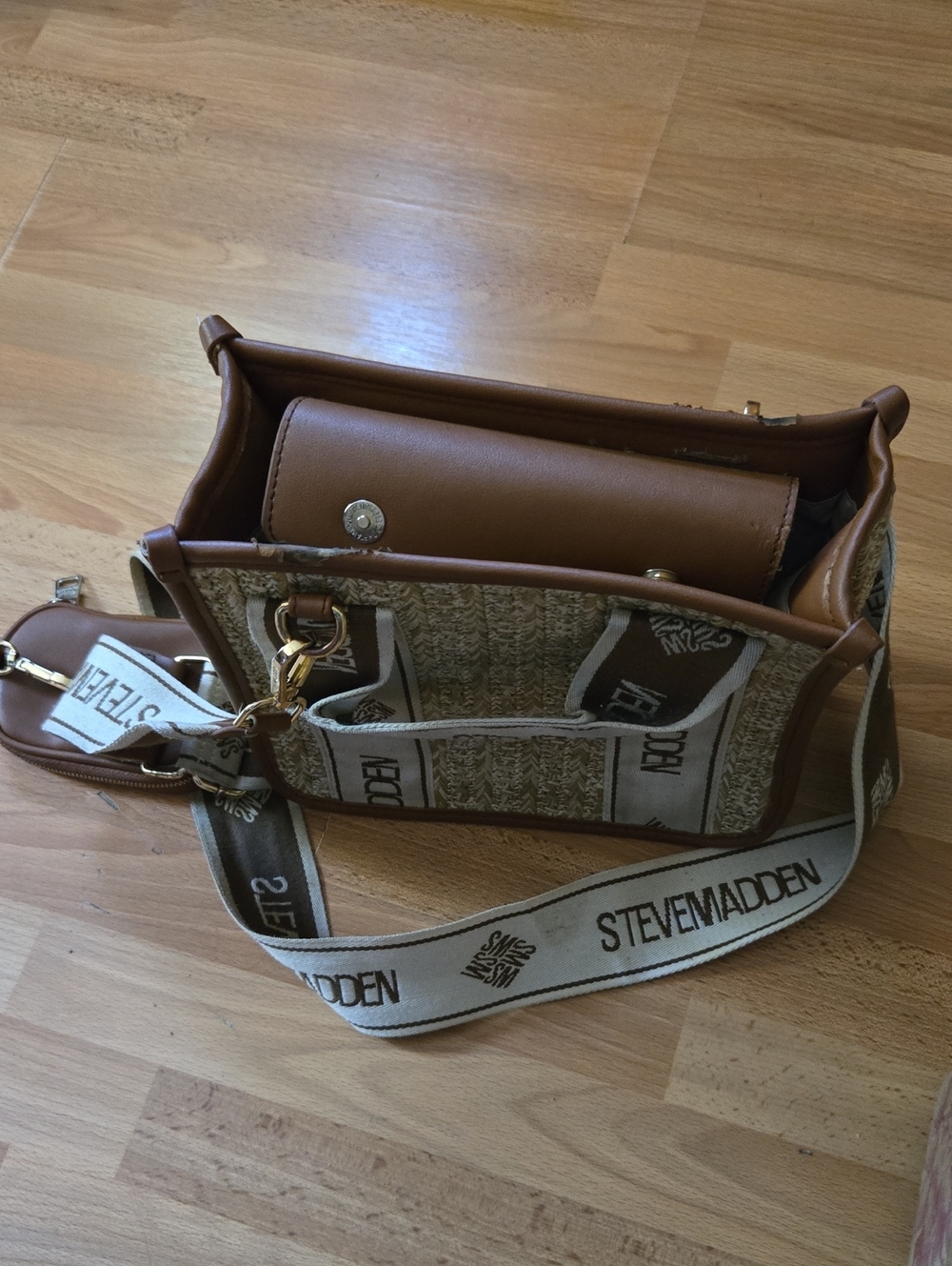 Steve Madden Tan and Cream Canvas Crossbody with Branded Strap